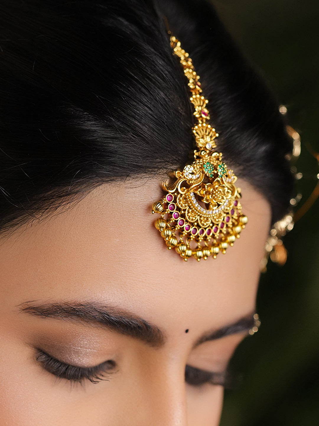 Pink Studded Floral Motif Gold Maangtikka