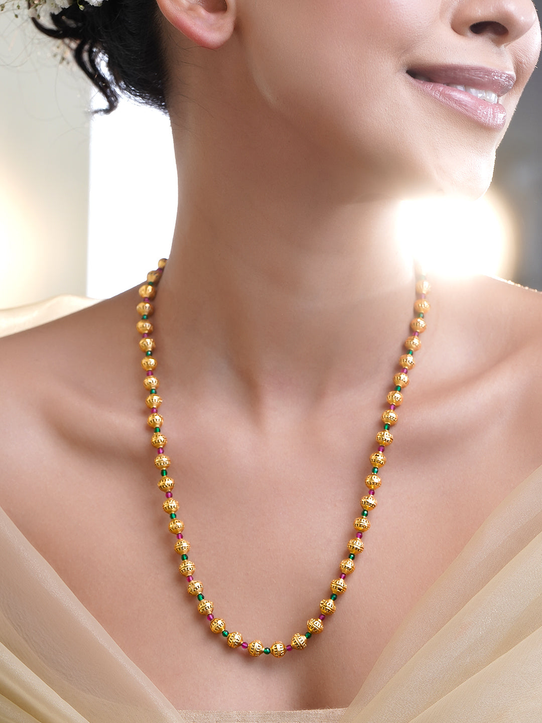 Rubans 18K Gold Plated Brass Gold Beaded Necklace with Green & Ruby Pink Accents