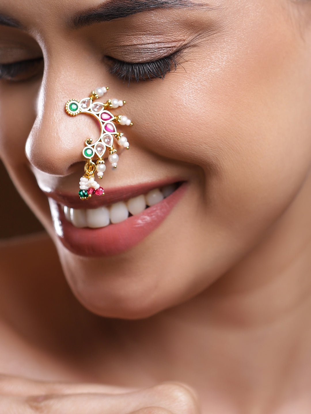 Rubans 18K Gold-Plated Ruby Pink White & Emerald Green Stone Crescent Nath with Pearl Drops â€“ Non-Pierced Clip-On
