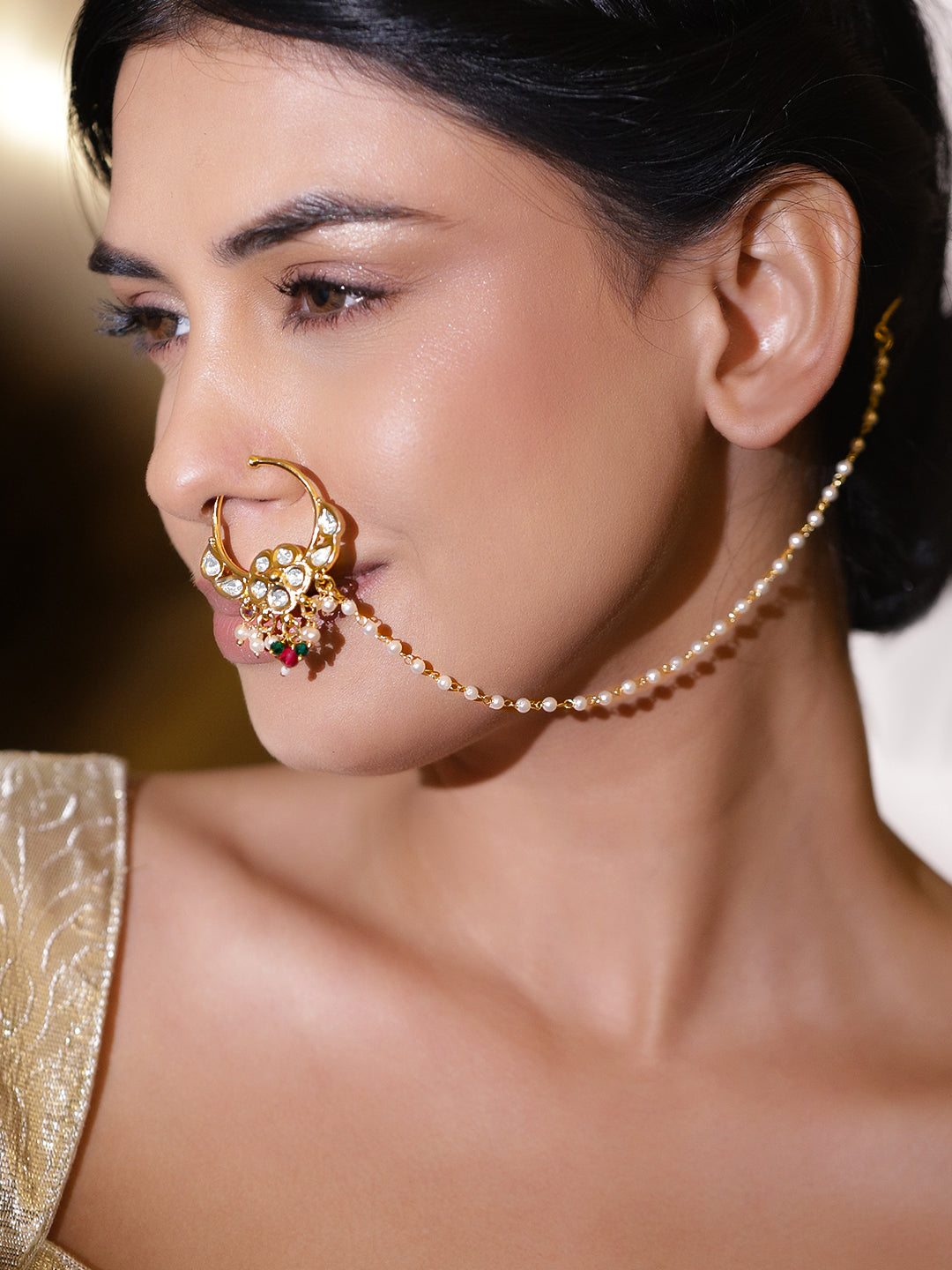 Bridal Edit Pearl Green Pink Nose Pin