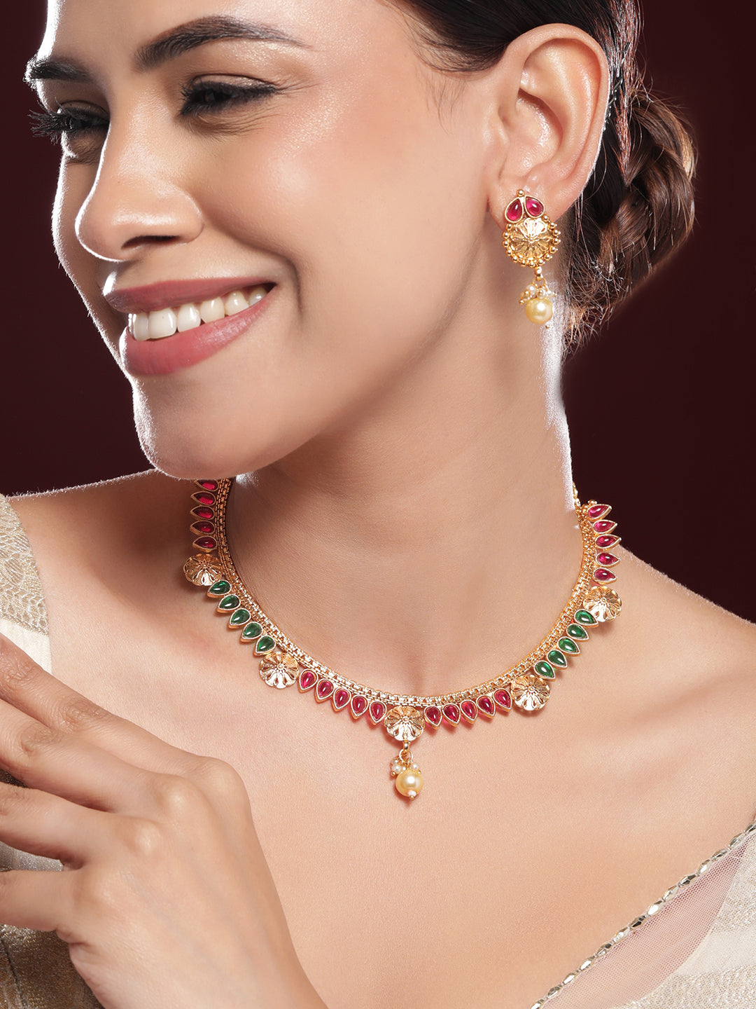 Gold Necklace Set With Pink & Green Studs