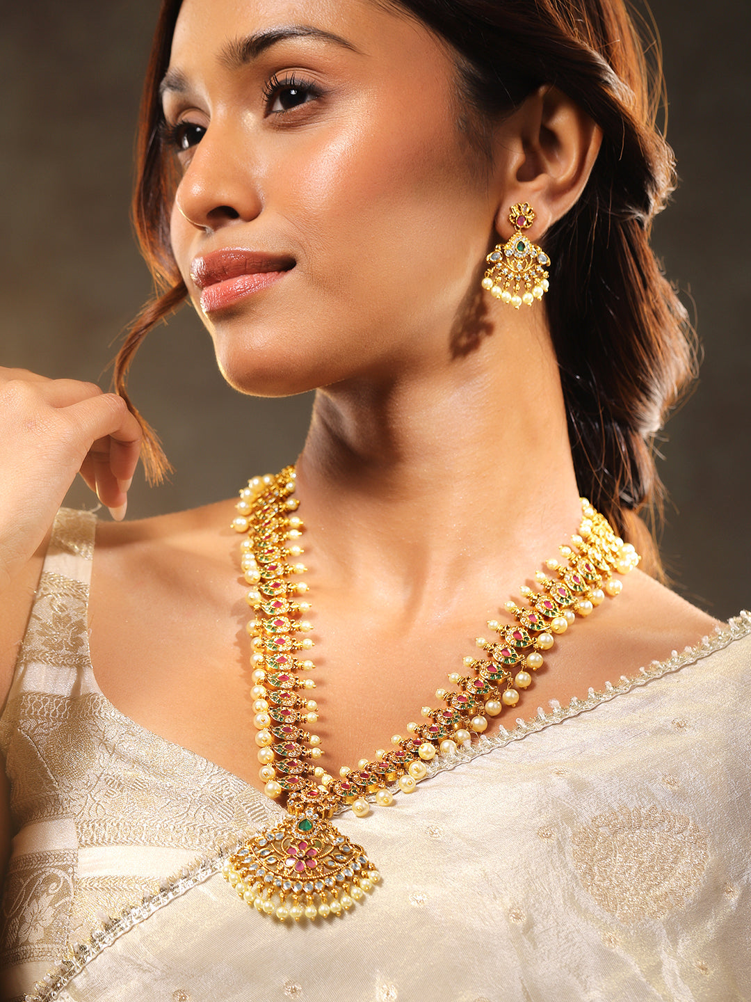 Multicolor American Diamond Zirconia Pearl Necklace Set