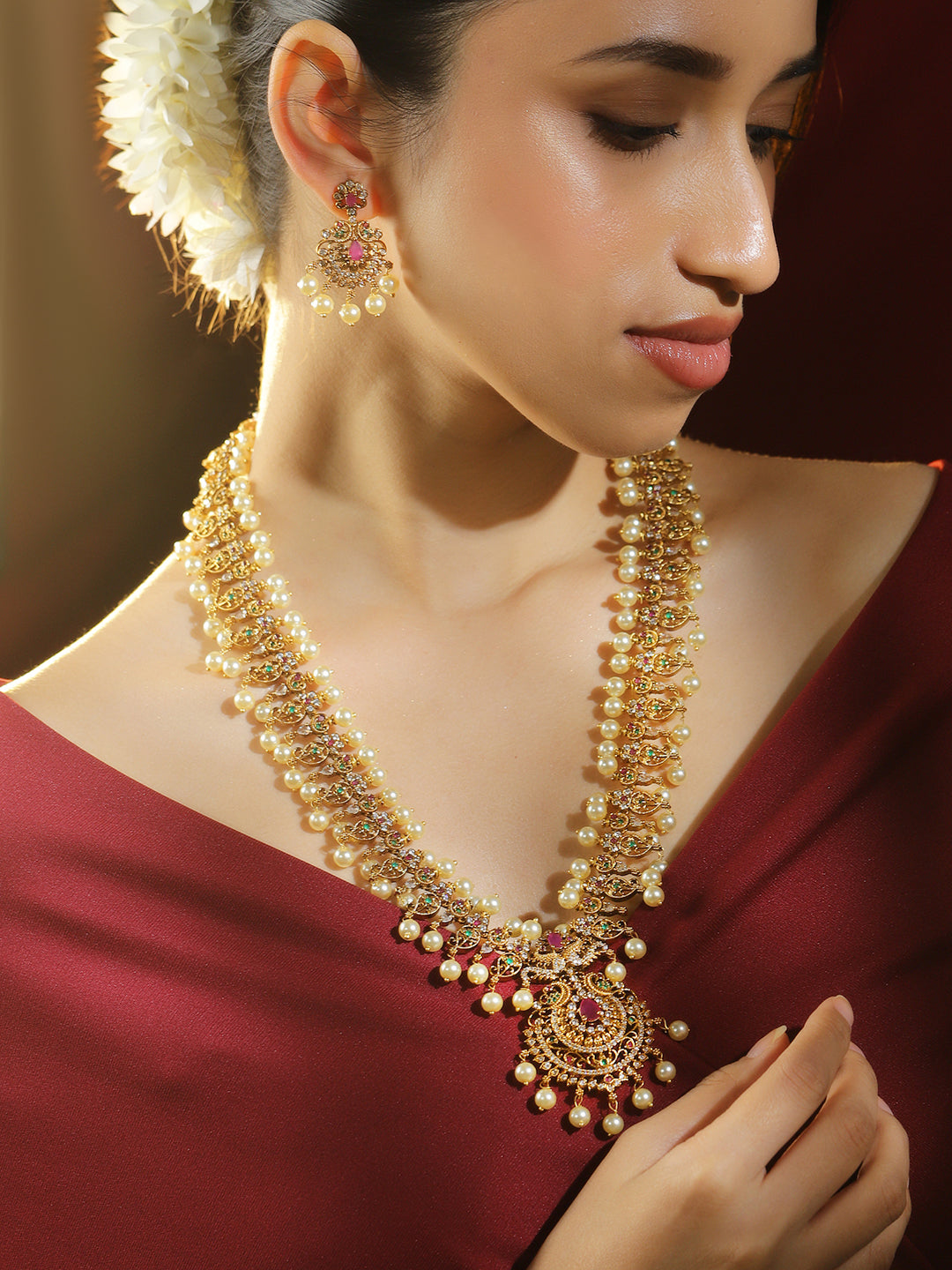American Diamond Zirconia Necklace Set with Pearl Detailing
