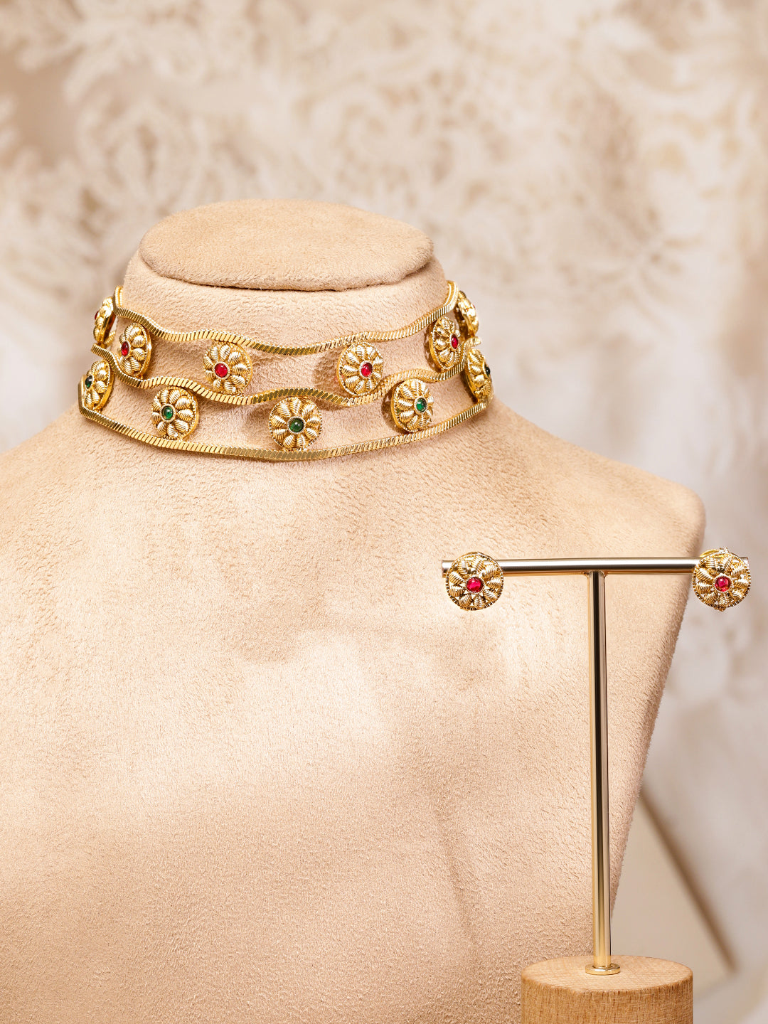 Red & Green Triple Layered Floral Choker Set