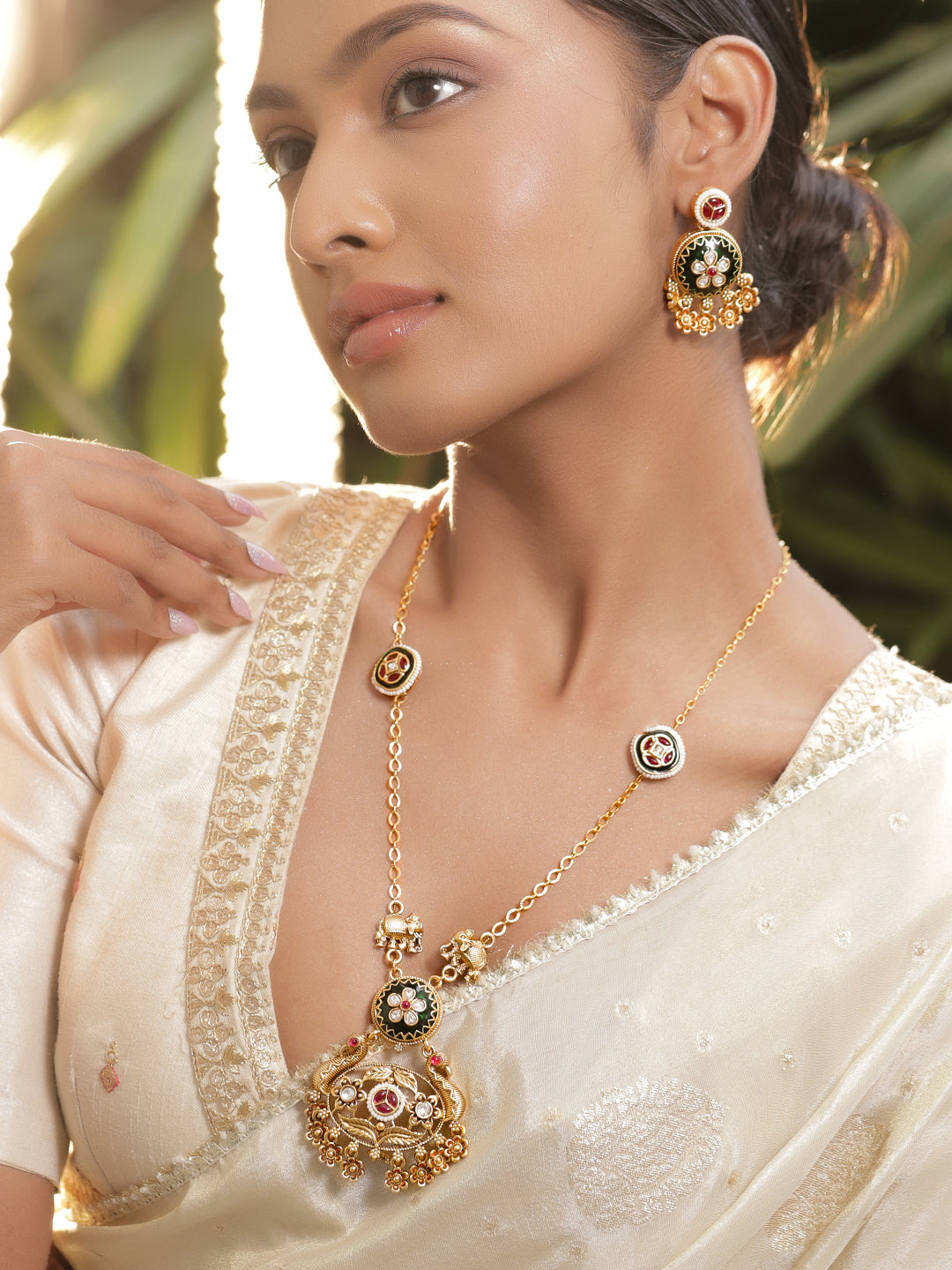 Gold Elephant & Peacock Motif Floral Drops Necklace Set