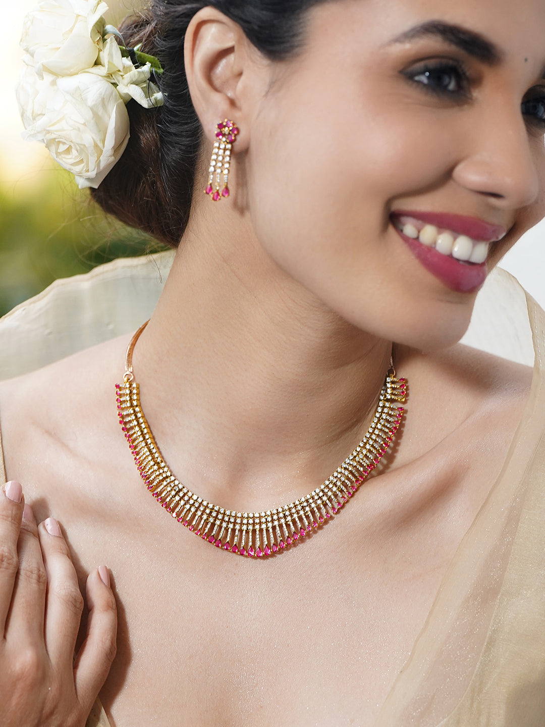Graceful Gold Pink Zirconia Jewellery Set
