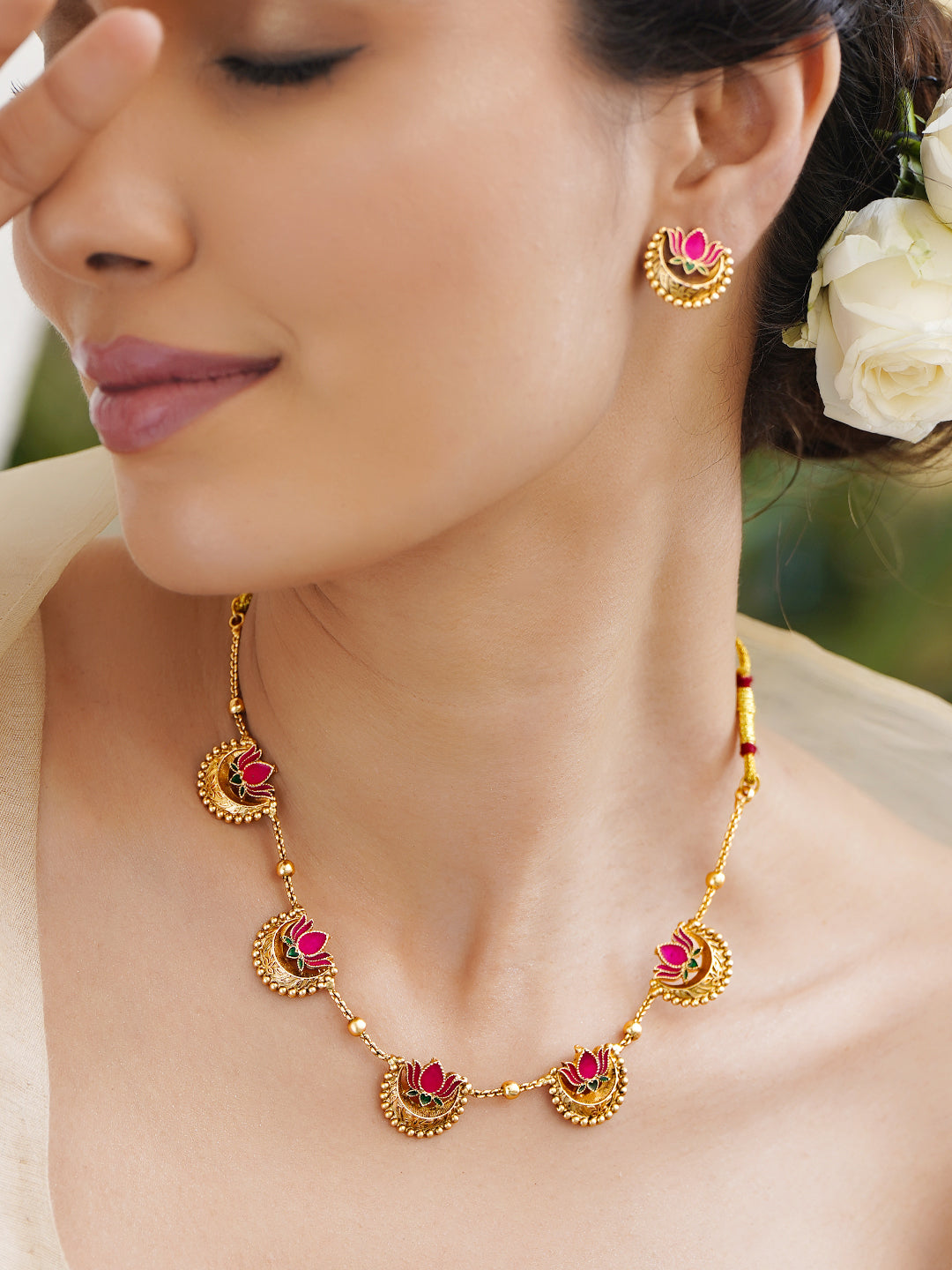 Pink Lotus Motif Gold Toned Necklace
