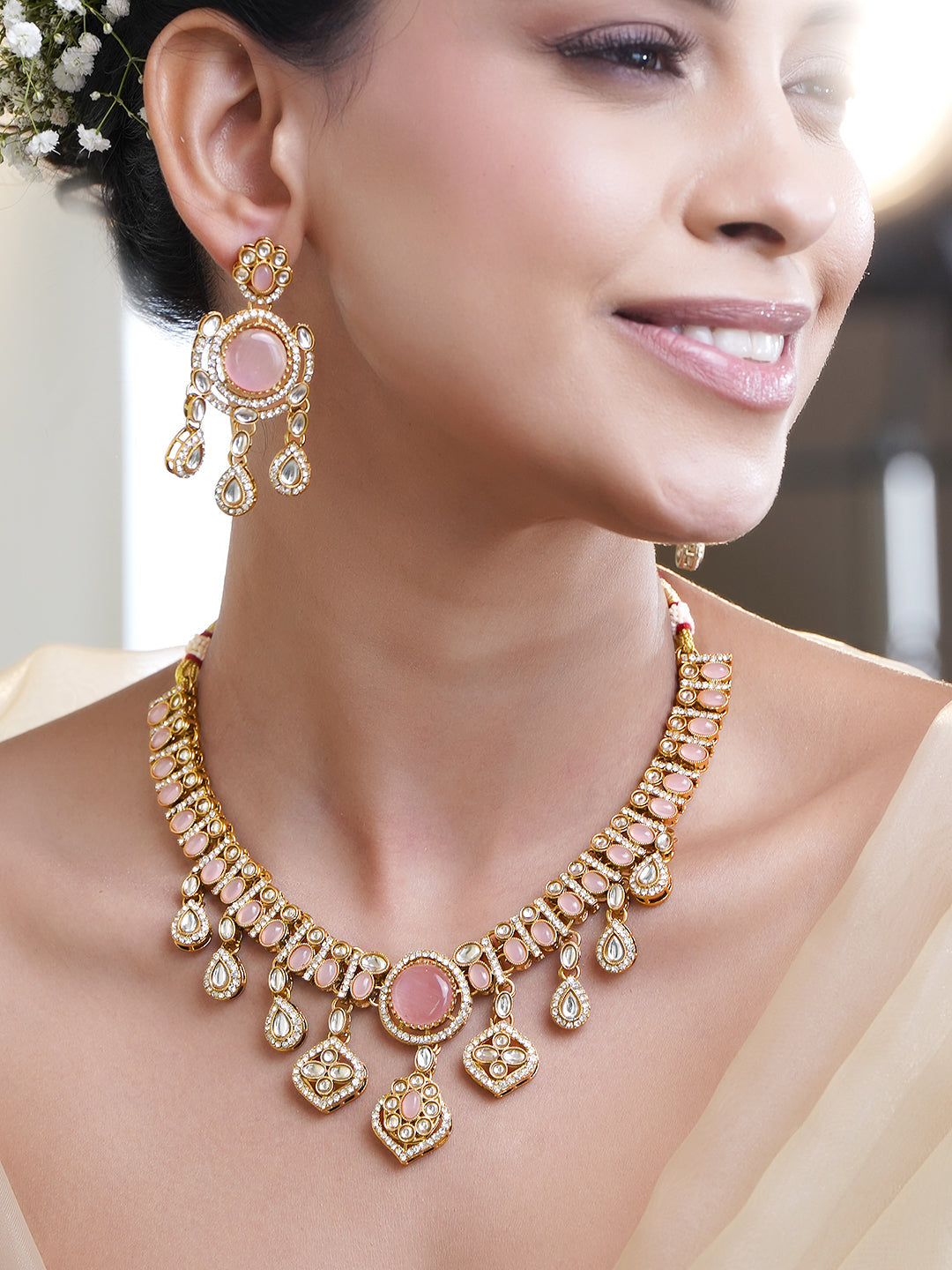 Pink Studded Necklace Set With Maangtikka