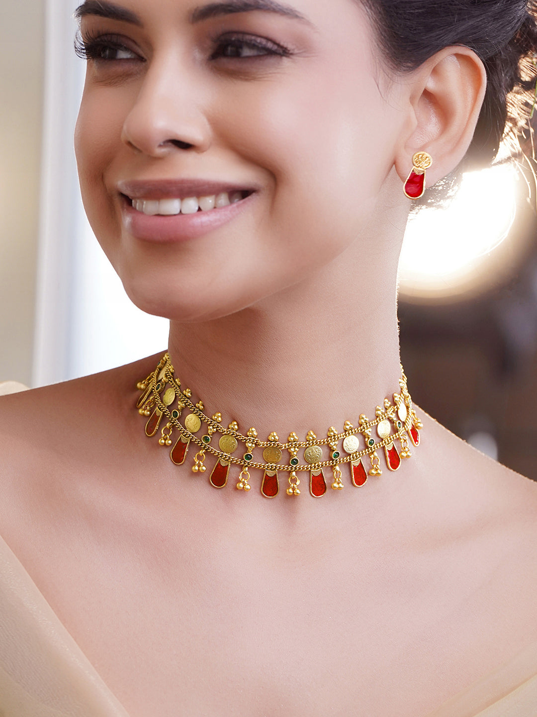 Ruby Studded Coin Pattern Temple Necklace Set