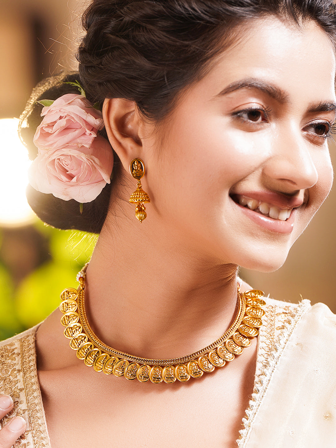 Gold Plated Brass Gold Temple Charm Necklace Set