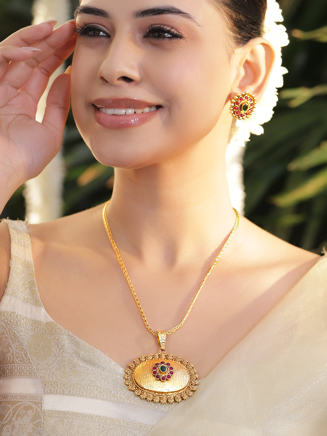 Golden Floral Red Green Studded Pendant Set