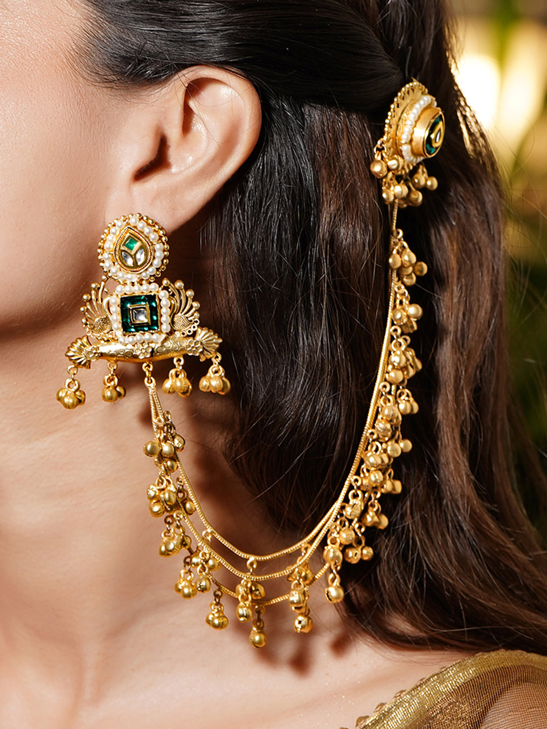 Gold Beaded Green Studded Kashmiri Kaan Chain