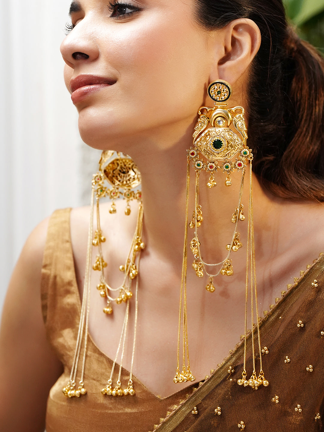 Floral Pink & Green Bird Motif Gold Kashmiri Earrings