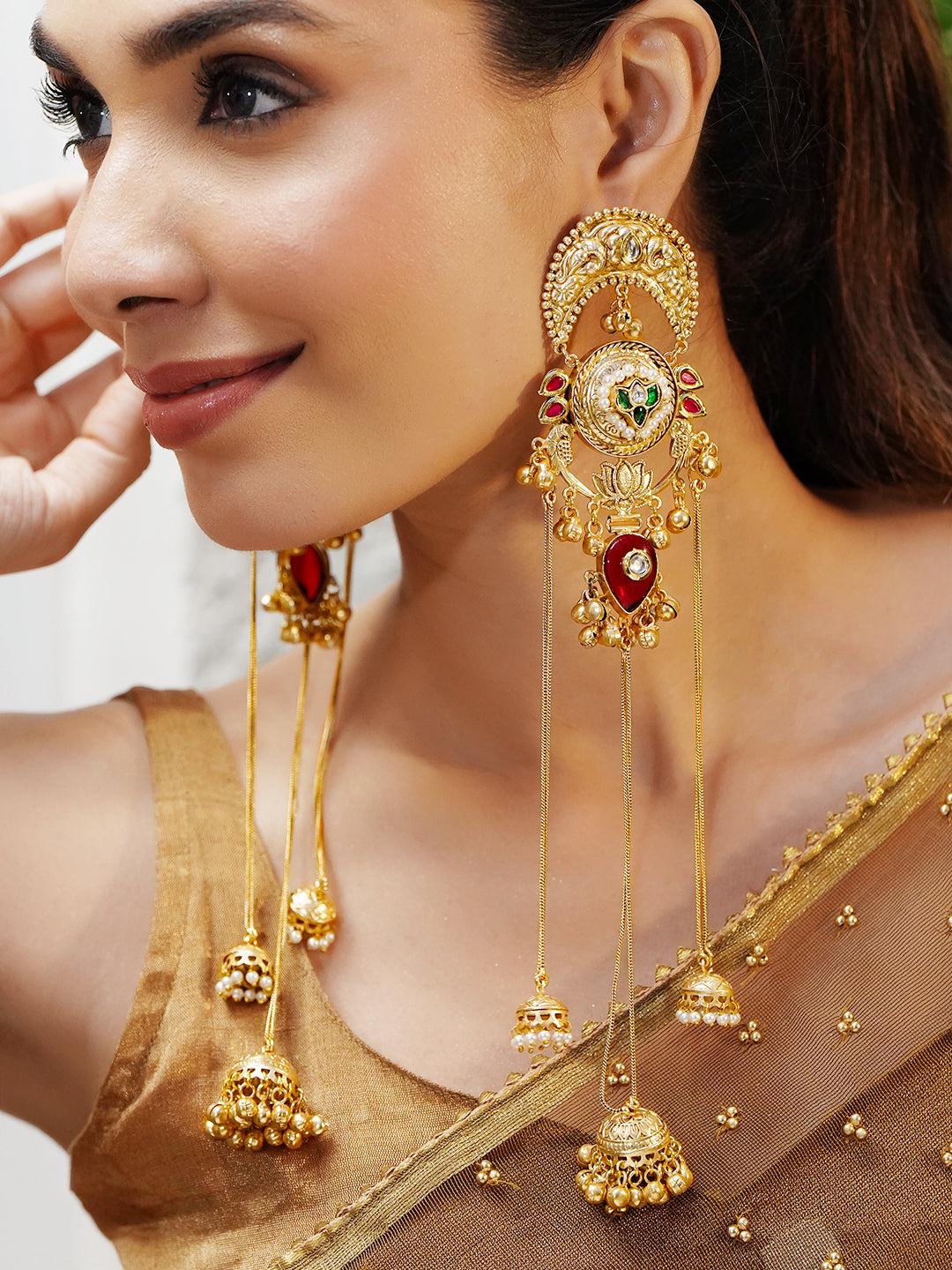 Floral Red & Green Kashmiri Dangler Jhumkas