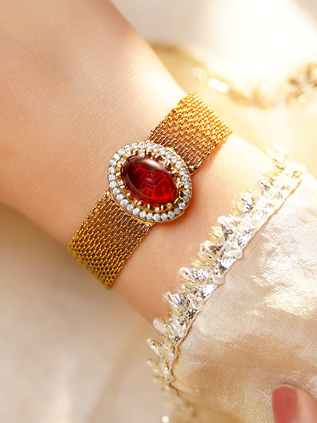 Lux Ruby Gemstone Mesh Statement Bracelet