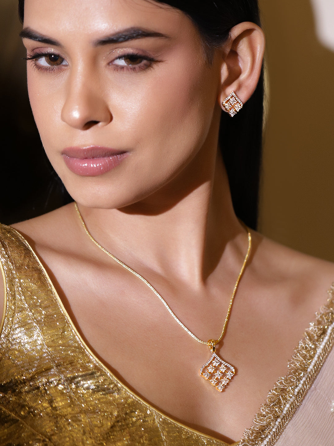 Geometric American Diamond Zirconia Pendant Necklace Set