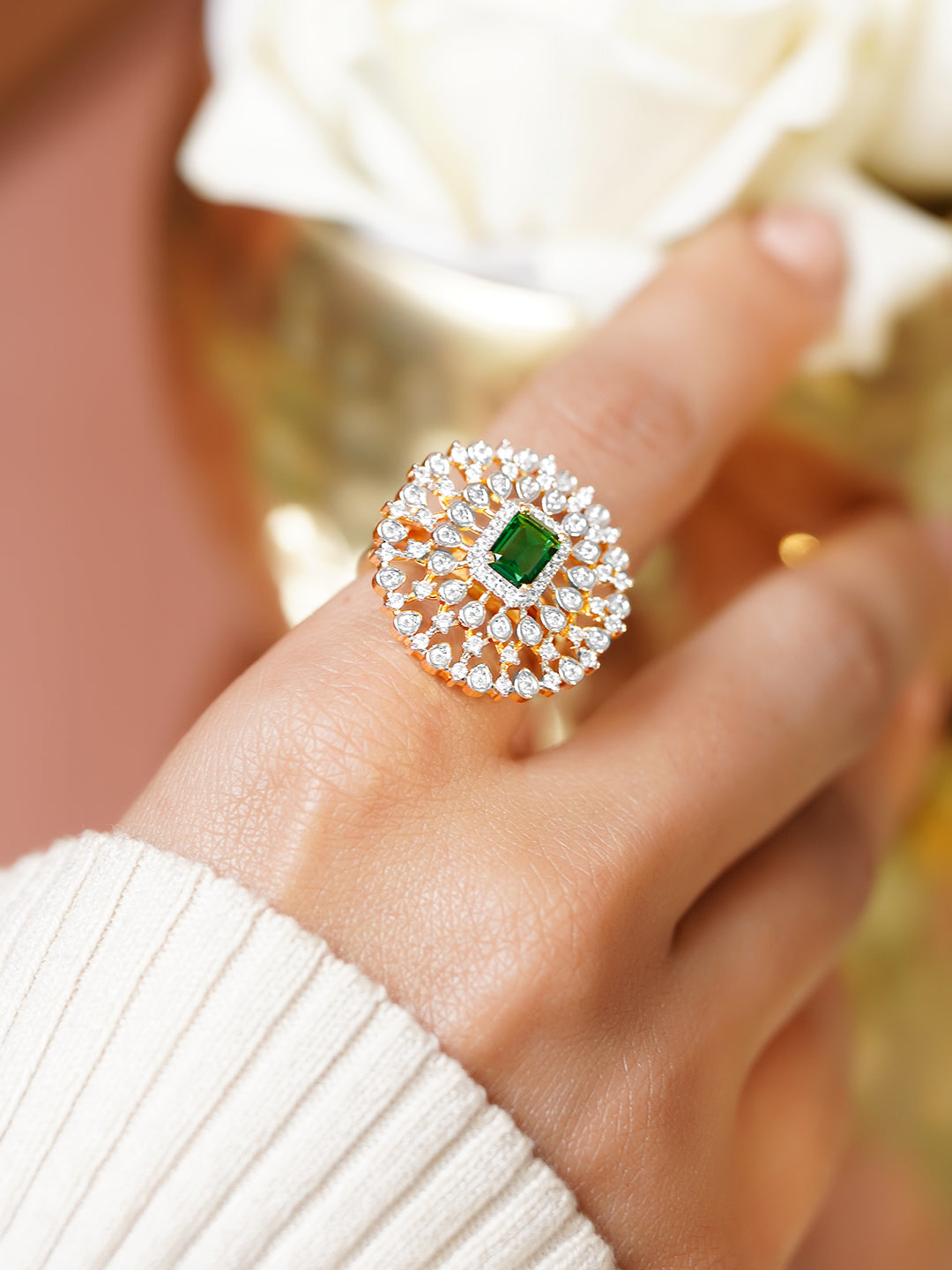 American Diamond Zirconia Green Studded Statement Ring