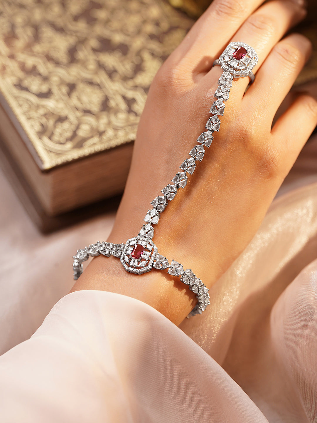 Luxe Silver Ruby Glow Hand Harness Bracelet