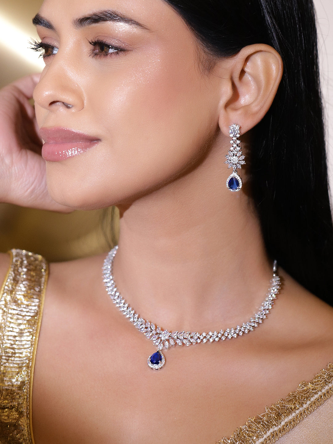 American Diamond Zirconia Necklace Set With Blue Sapphire