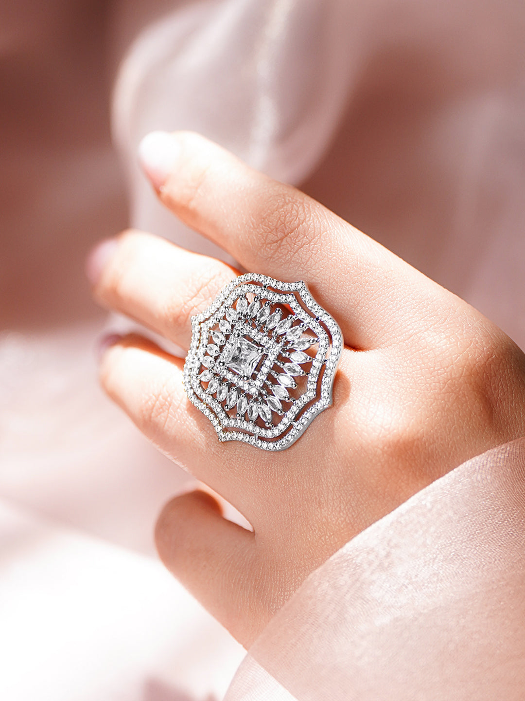 American Diamond Floral Statement Adjustable Ring