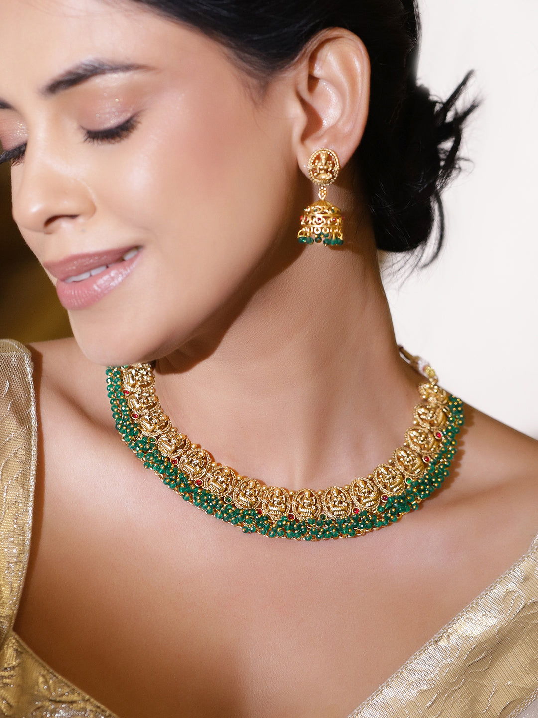 Green Beaded Laxmi Motif Necklace Set