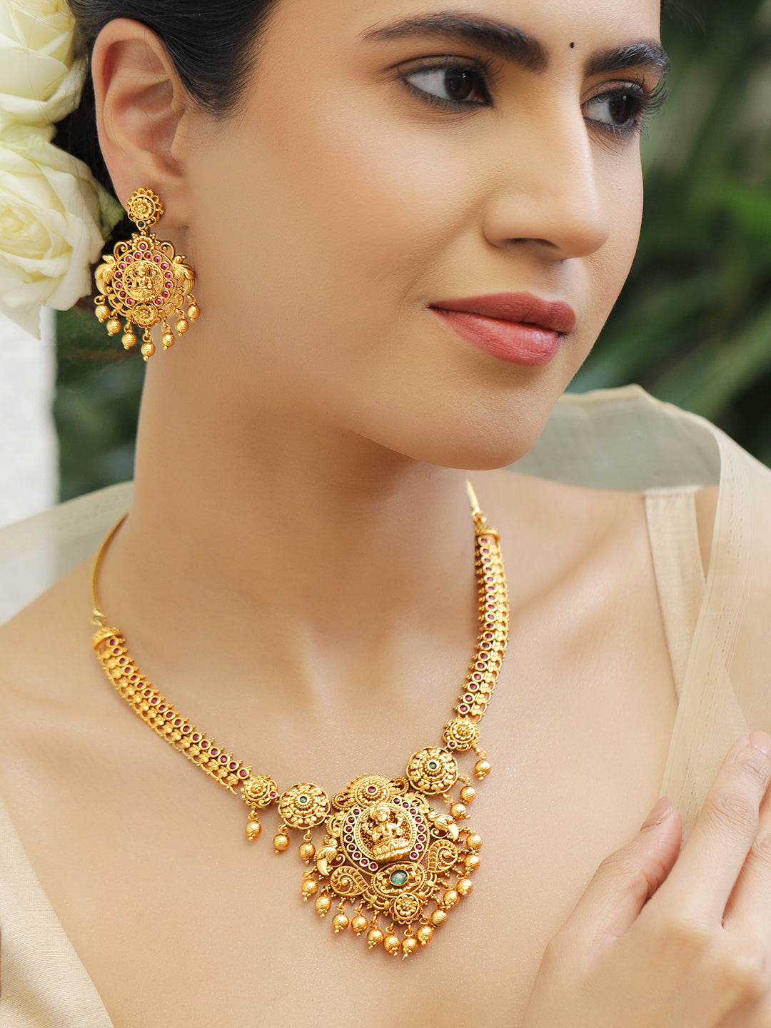 Pink & Green Blessings Lakshmi Necklace Set