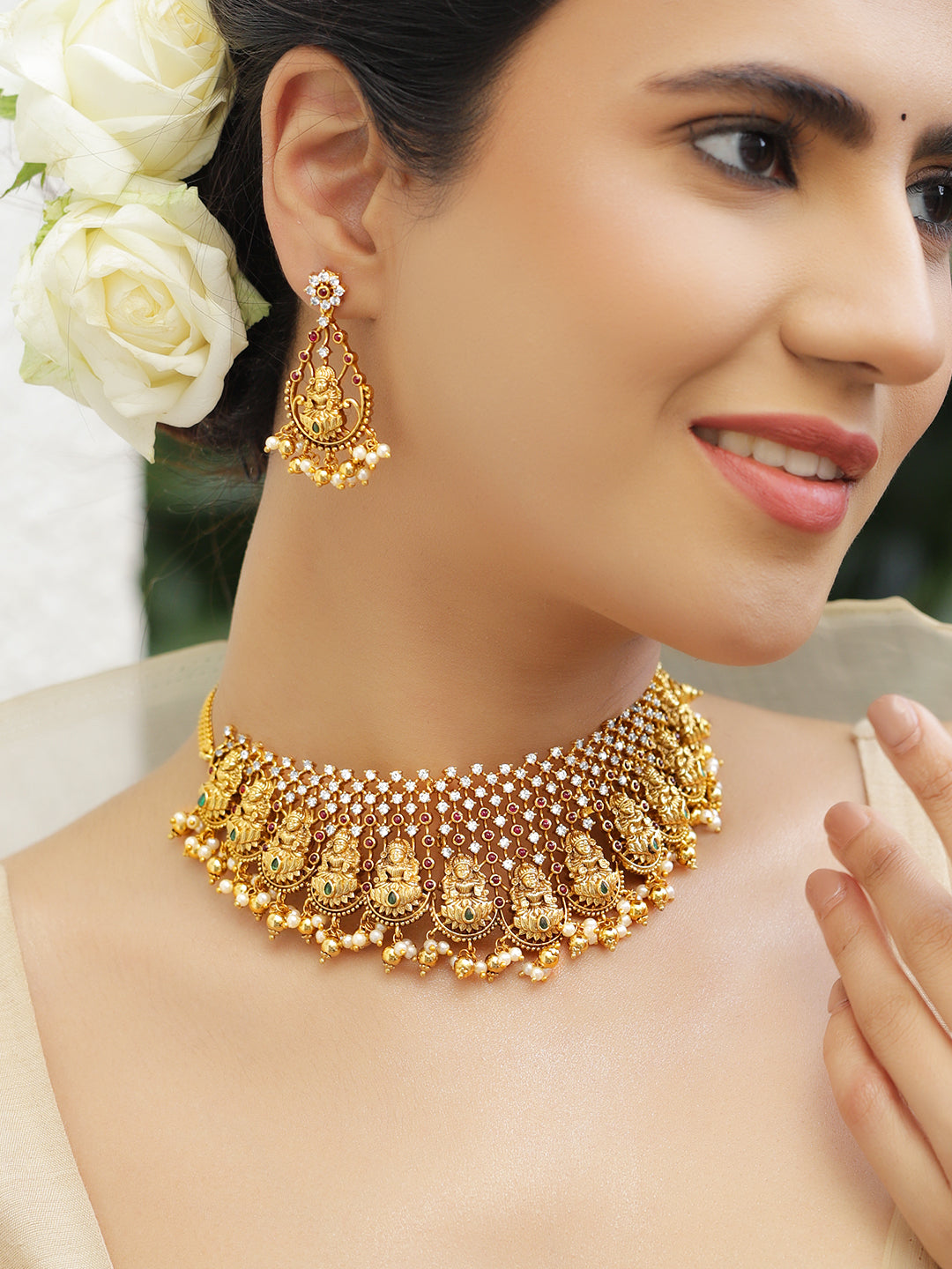 Pink-Green Spark Lakshmi Necklace Set