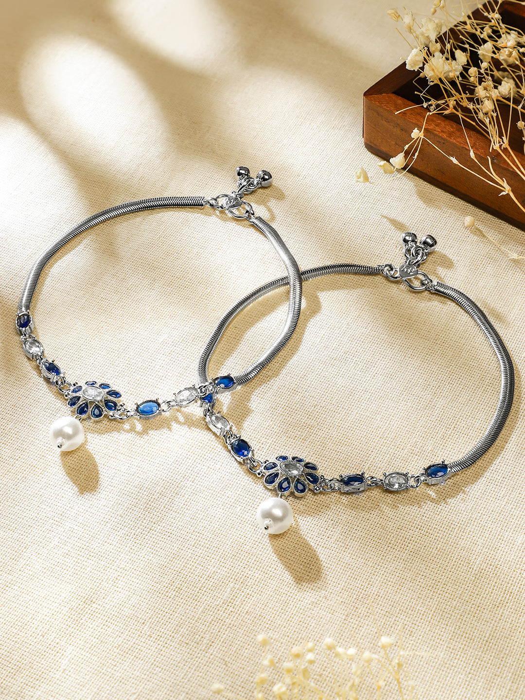 Rubans Set of 2 Oxidised Silver-Plated Blue & White Kundan Stone Anklets with Pearl Accents