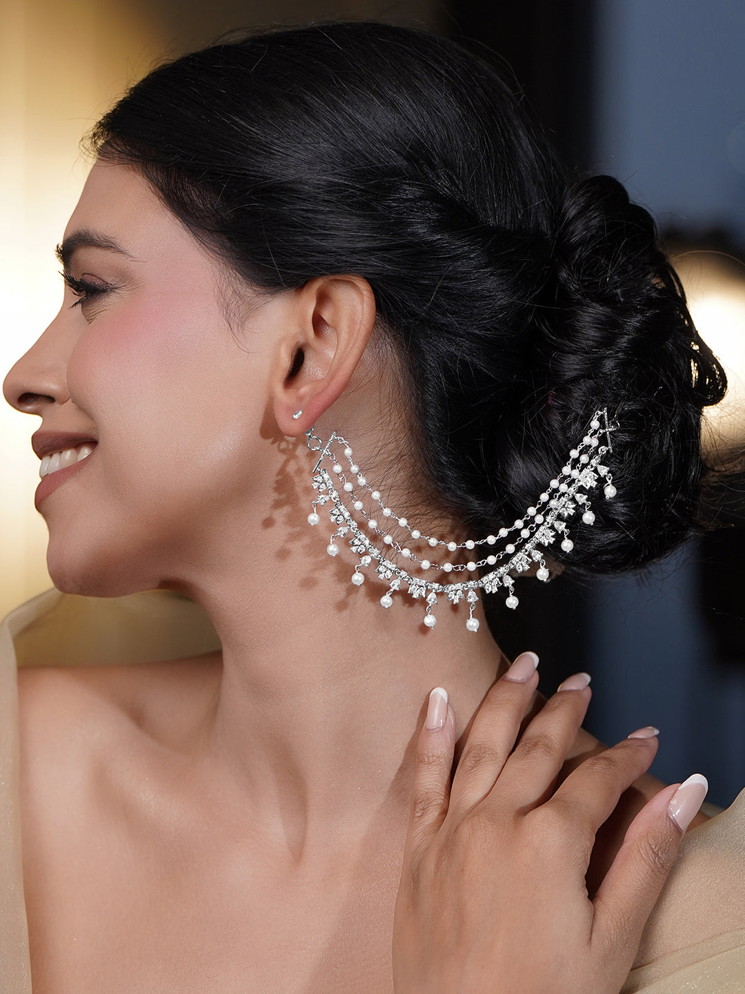 Rubans Rhodium Plated Brass CZ Studded Pearl Multilayer Ear Kaan Chain Earring