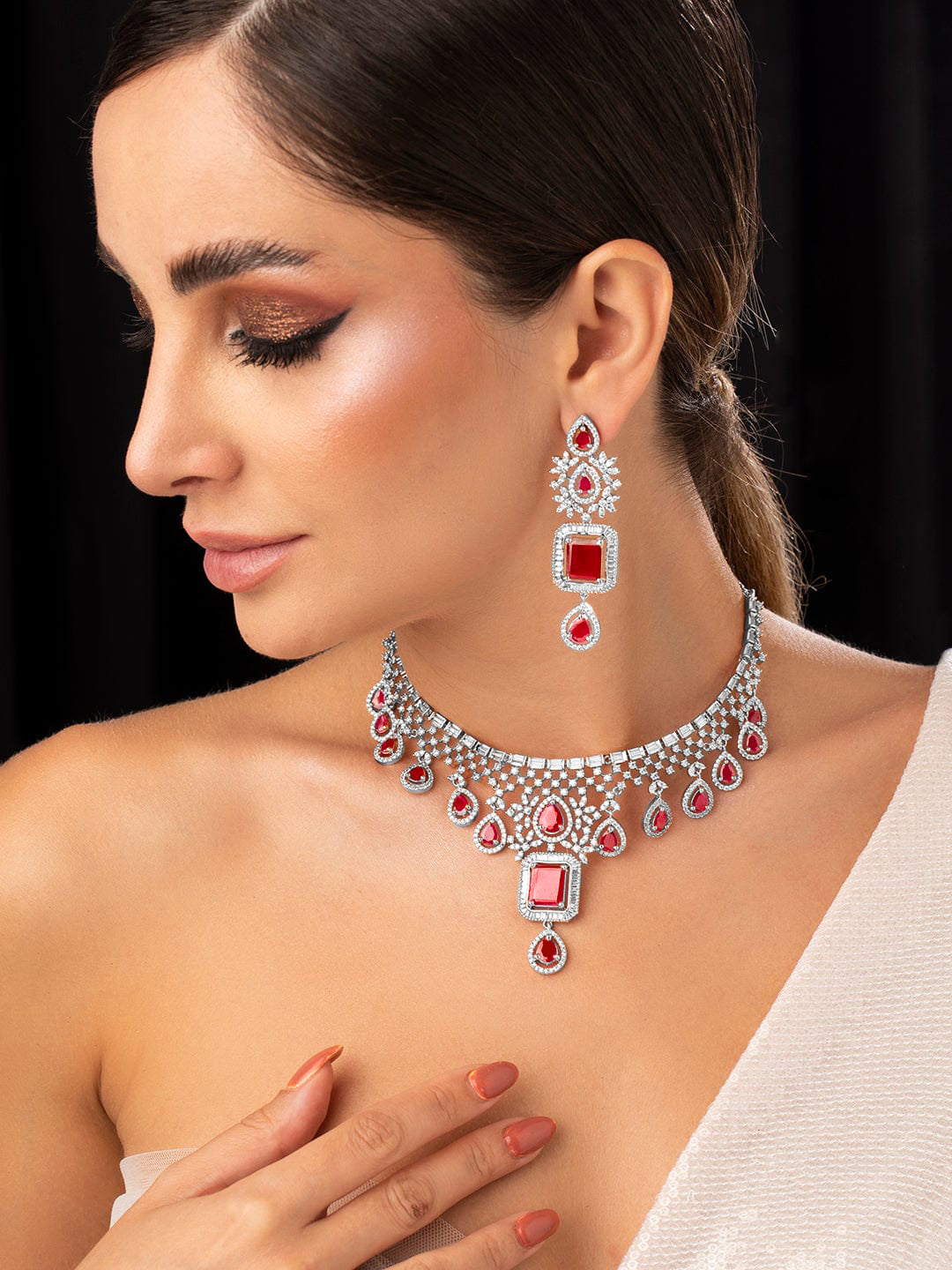 Ruby studded American Diamond Zirconia Necklace Set