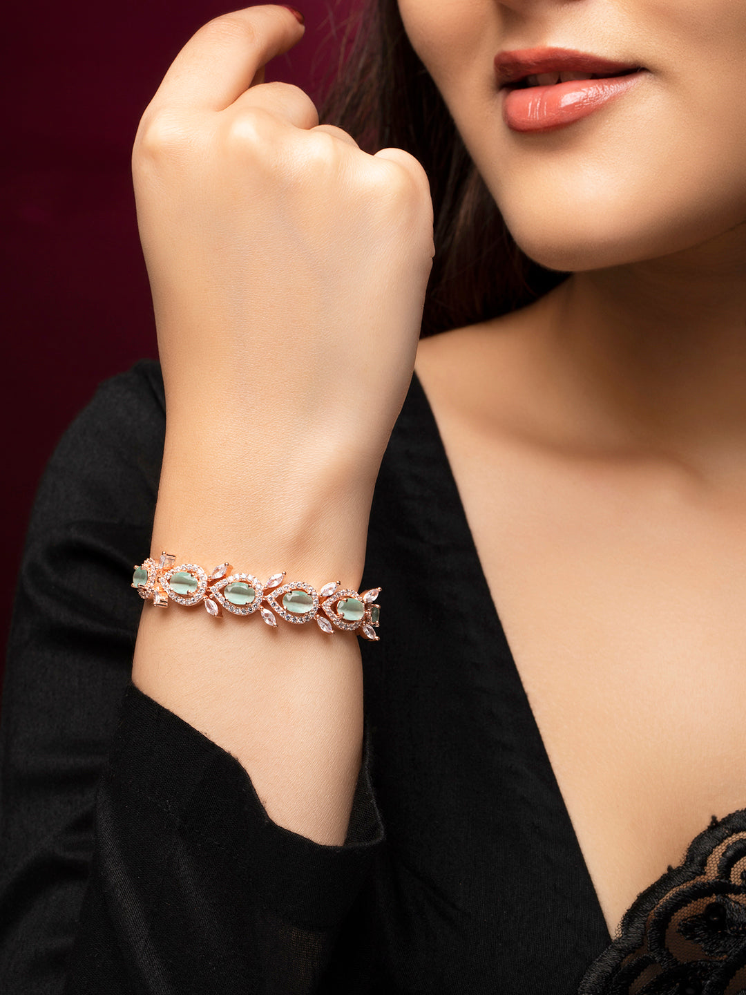 Rubans Rose Gold Plated Handcrafted Sea Green AD Studded Bracelet