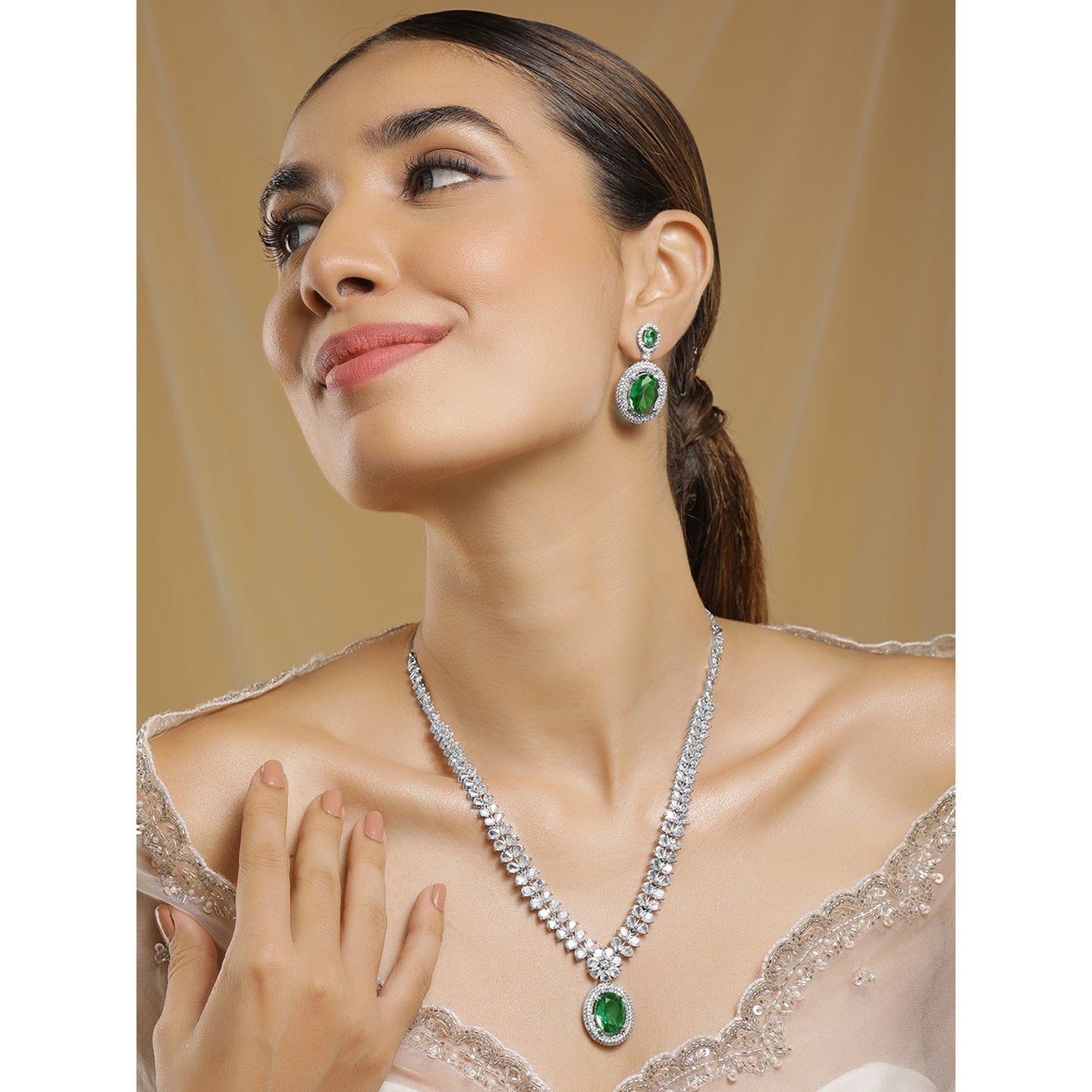 Emerald Necklace Set with American Diamond Zirconia