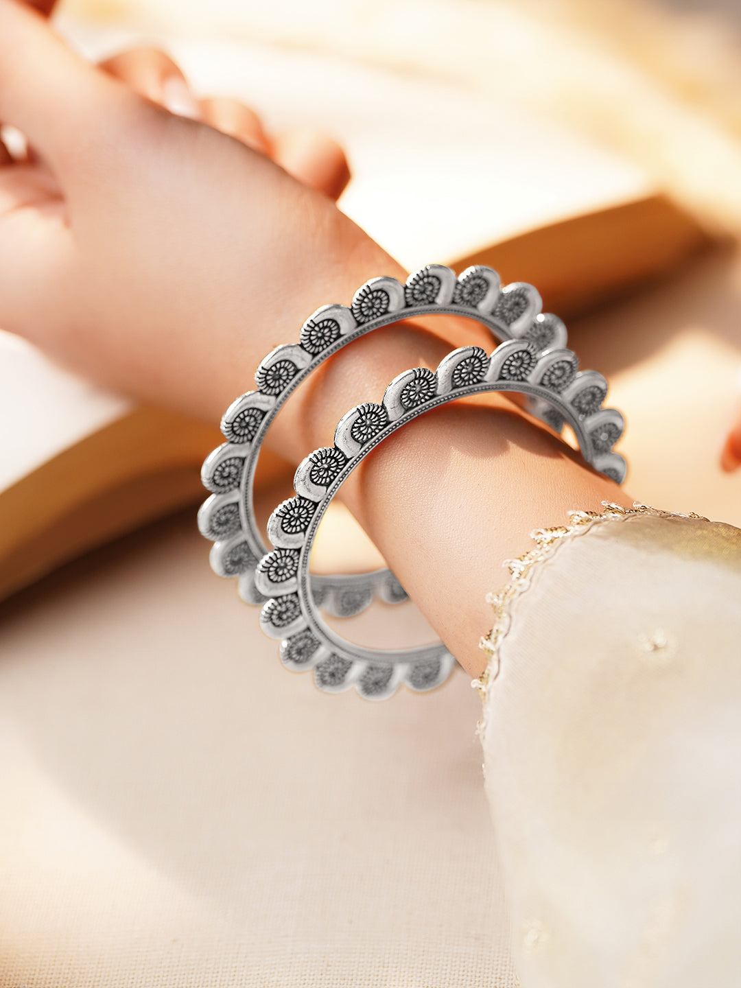 Oxidised Engraved Circle Pattern Statement Bangles