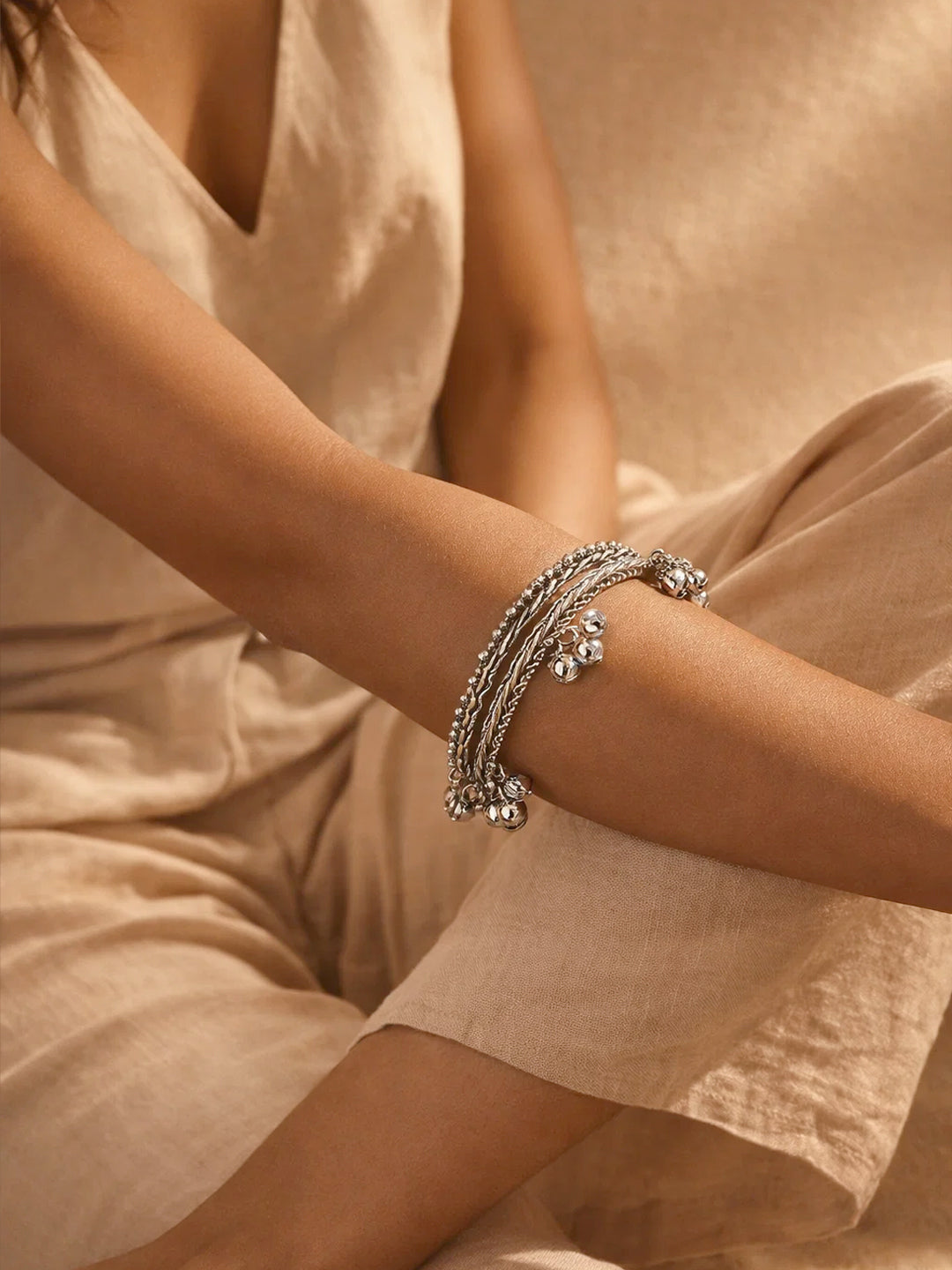 Silver Ghungroo Charm Statement Bangles Set