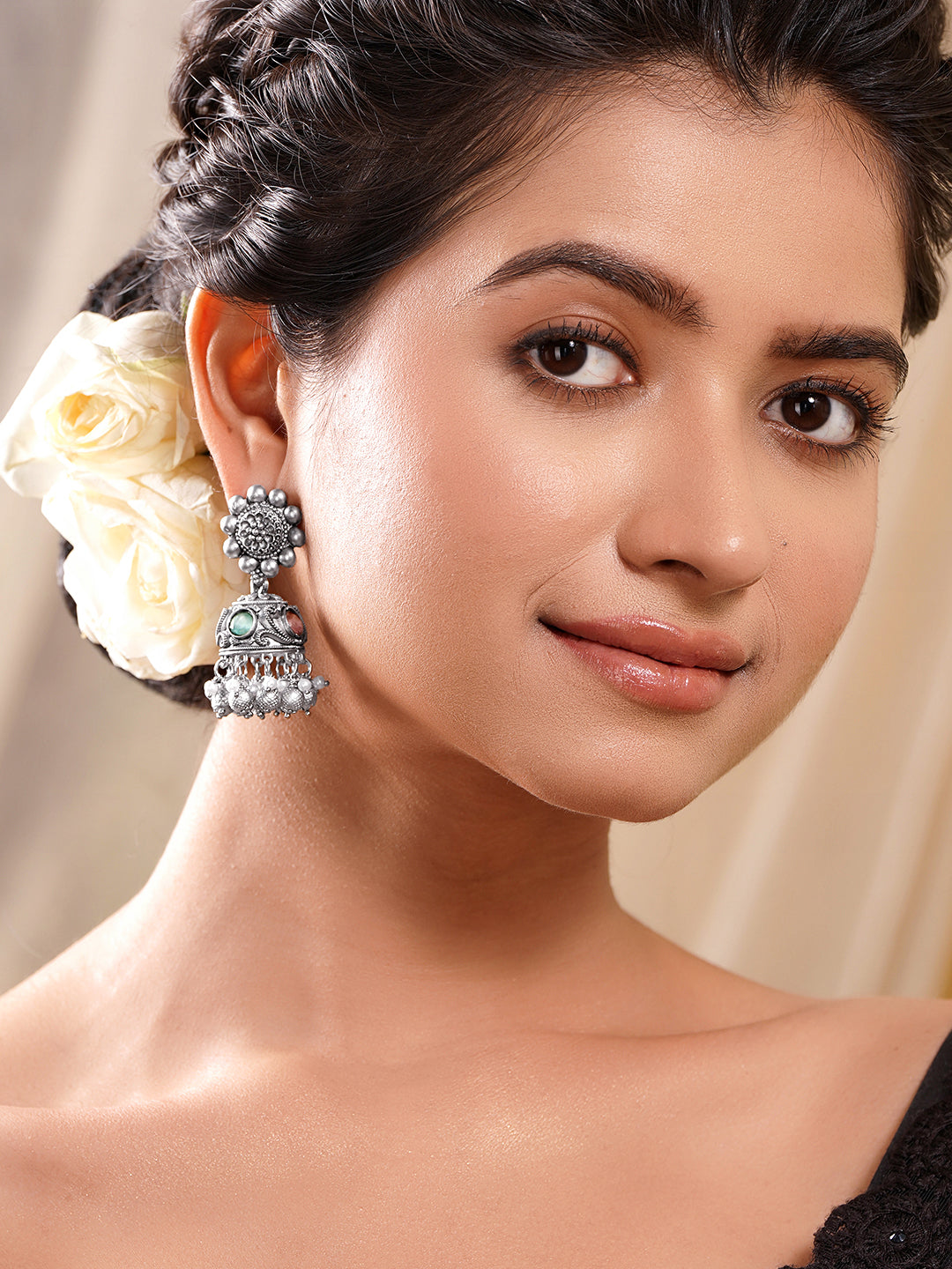 Silver Tone Brass Green Detail Pearl Ghungroo Jhumka Earrings