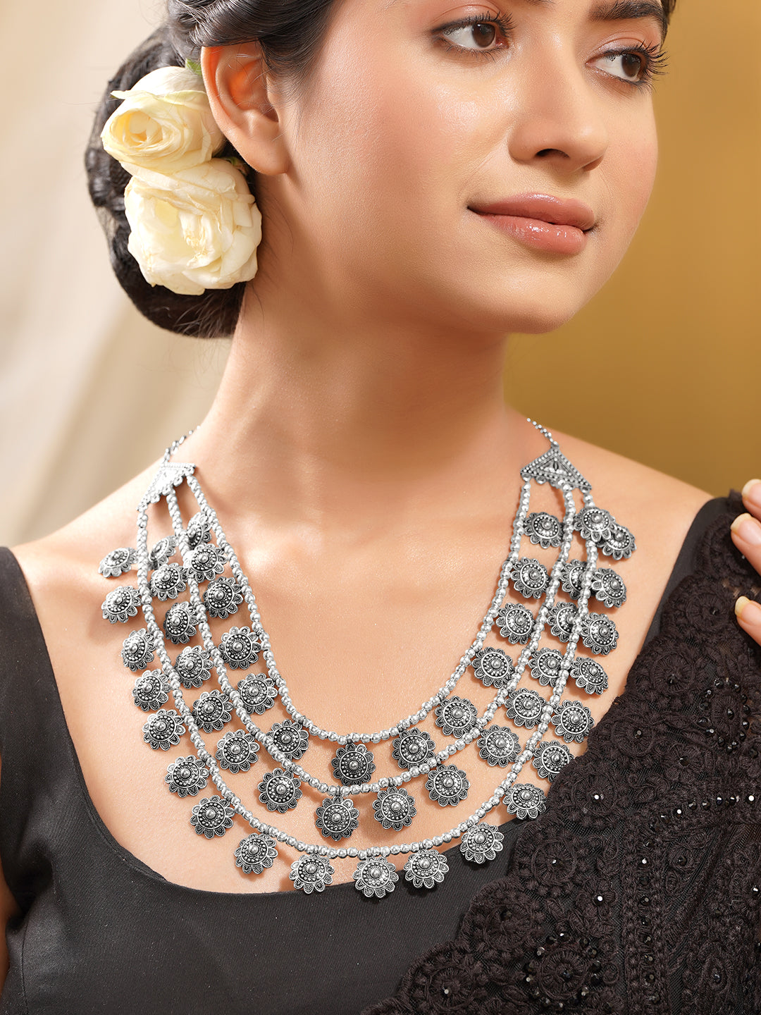 Oxidised Coin Detail Statement Necklace