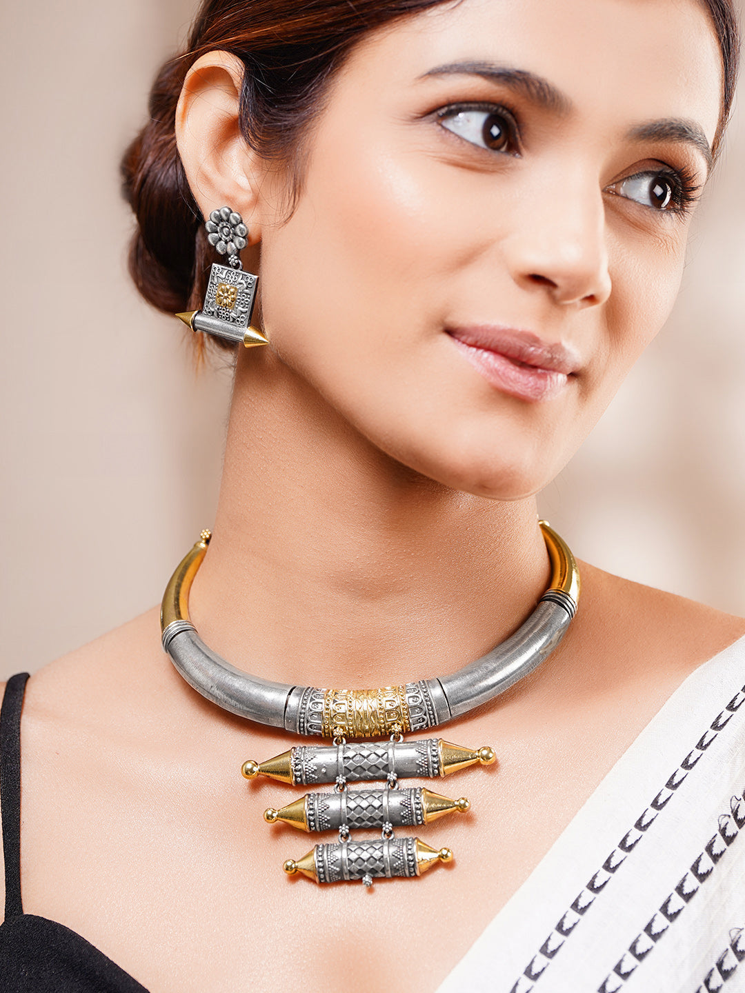 Oxidised Dual Tone Collar Necklace Set
