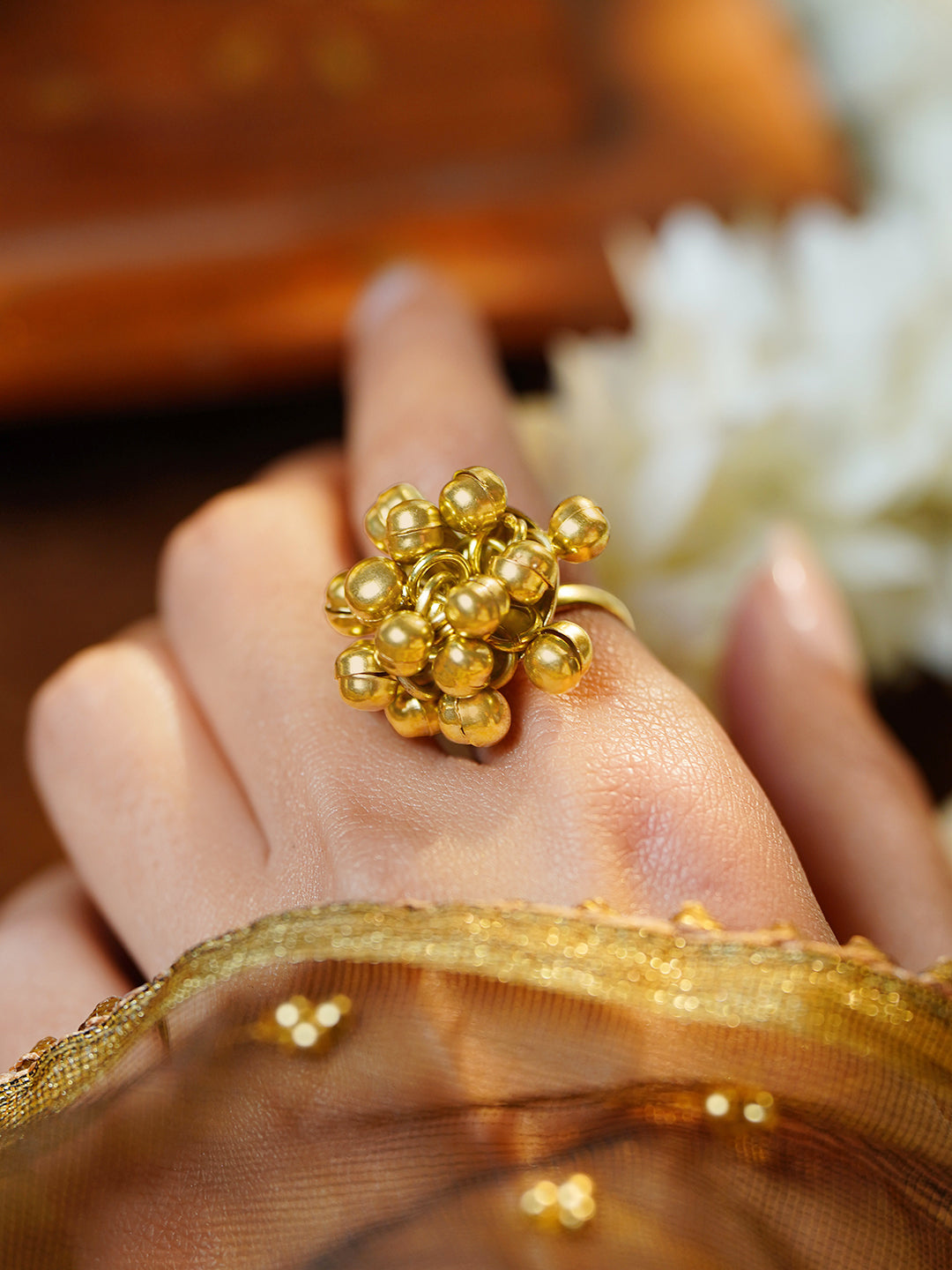 Gold Ghungroo Statement Adjustable Ring