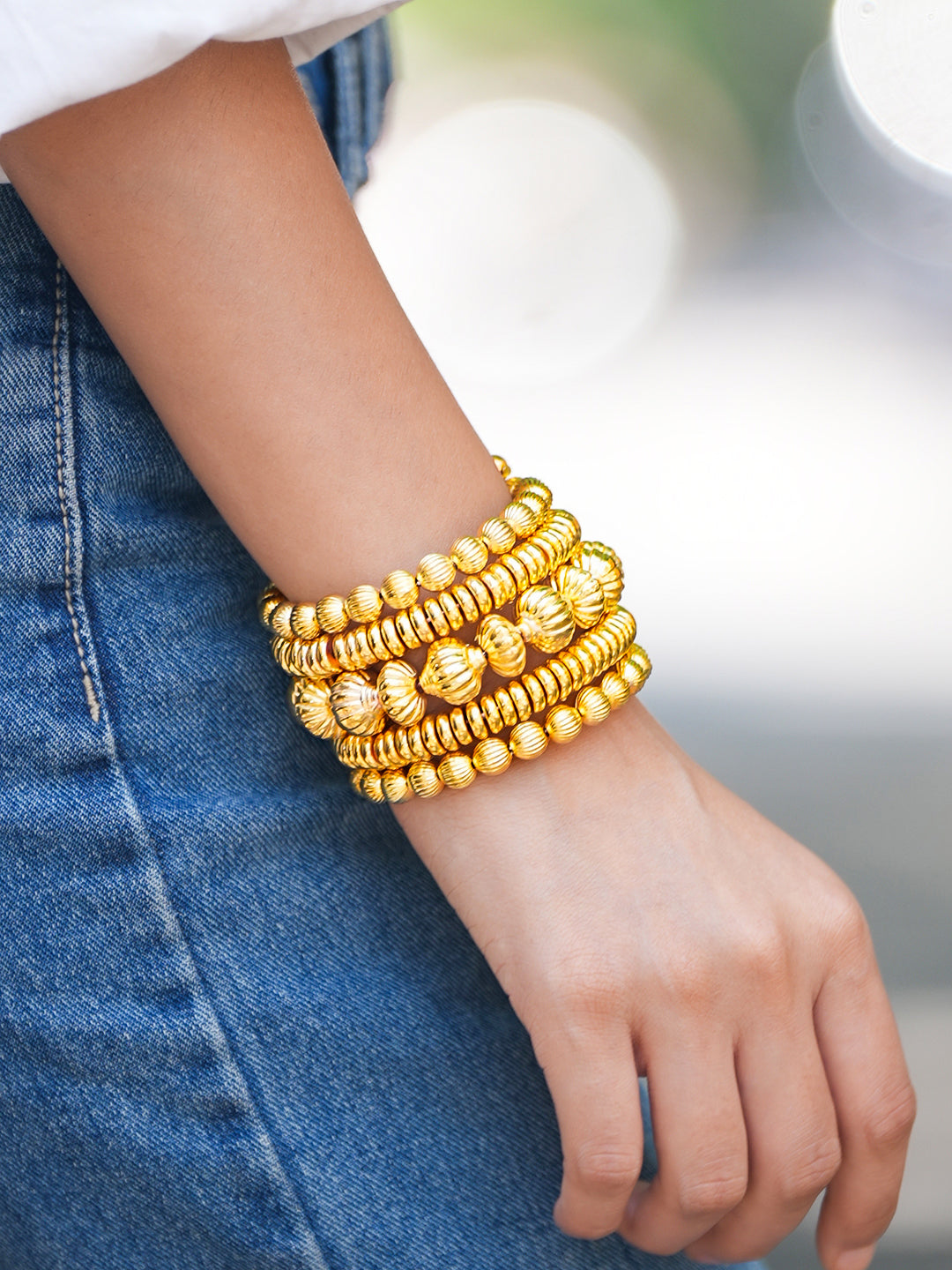 Rubans 18K Gold-Plated Textured Golden Beaded Statement Bracelet for Women