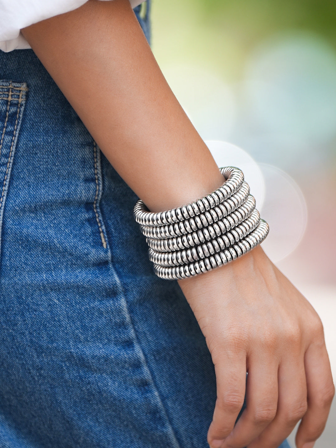 Rubans Silver-Plated Glossy Silver Beaded Multi-Layered Coiled Bracelet for Women