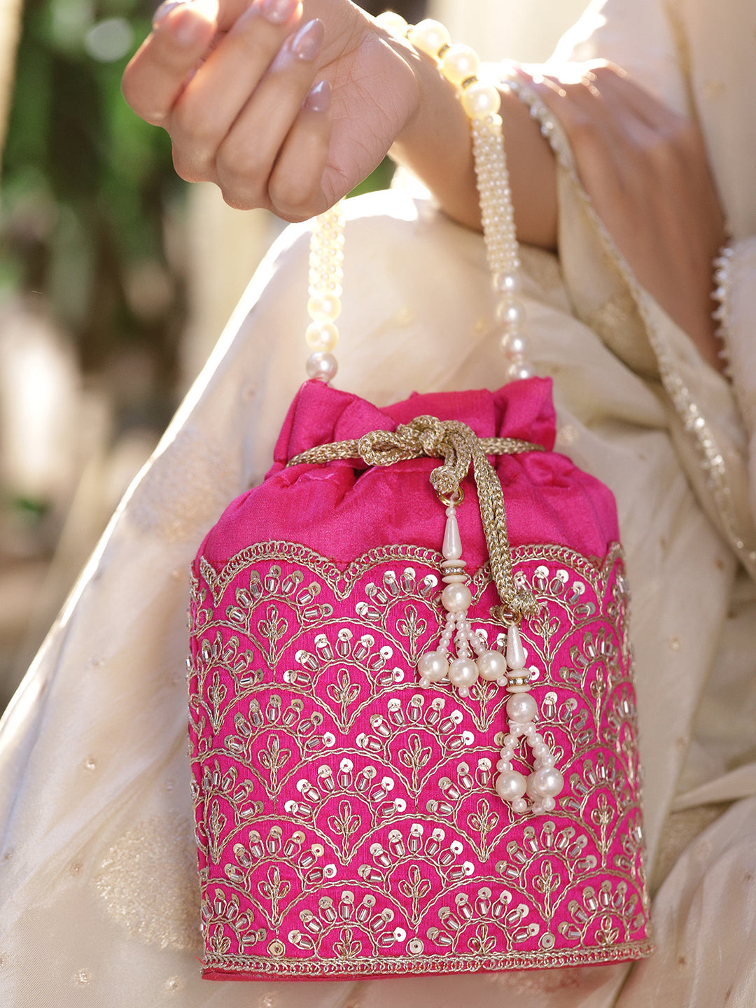 Rubans Bright Pink Potli Bag with Golden Zari Embroidery, Sequin Detailing & Pearl Beaded Handle