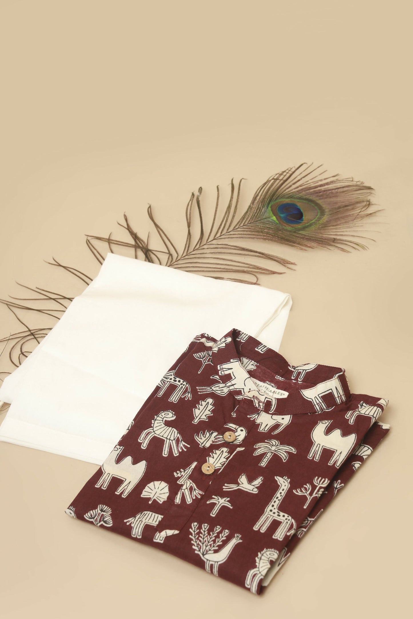 Breathables Kids Cotton Night Suit  Wine Animal Print Kurta & Pyjama Co-Ord Set For Boys & Girls