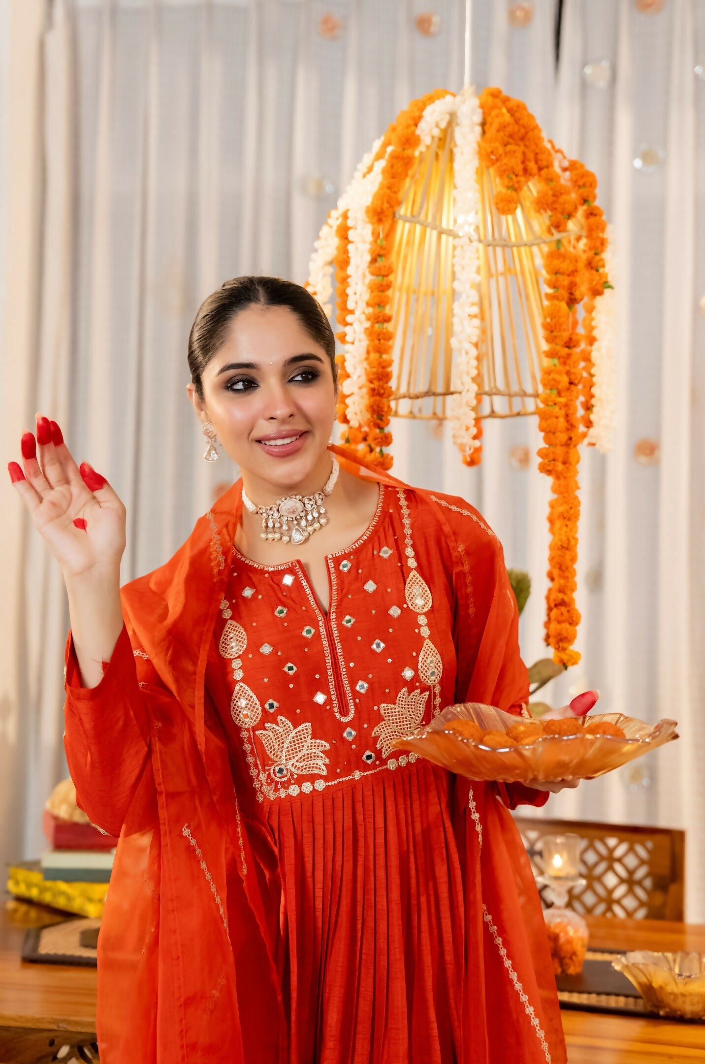 The52 Women's Gorgeous Embroidery Work Chanderi Silk Fabric Flared Kurta Pant and Dupatta Set