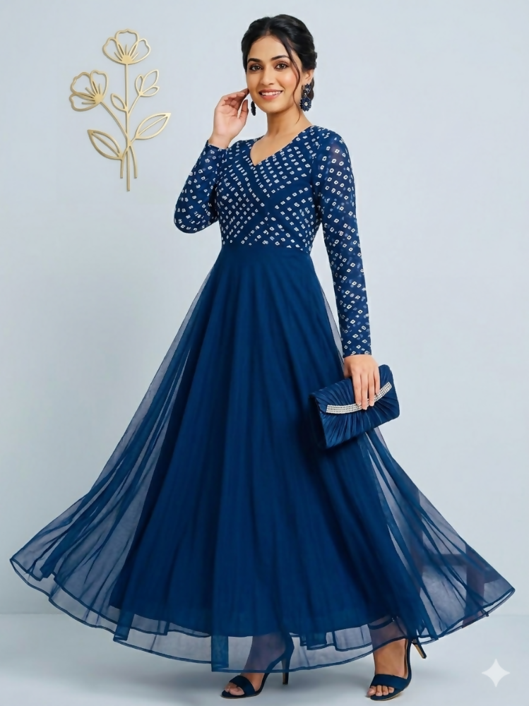 Teeya Creation Women's Teal Bandhani Print Anarkali Gown