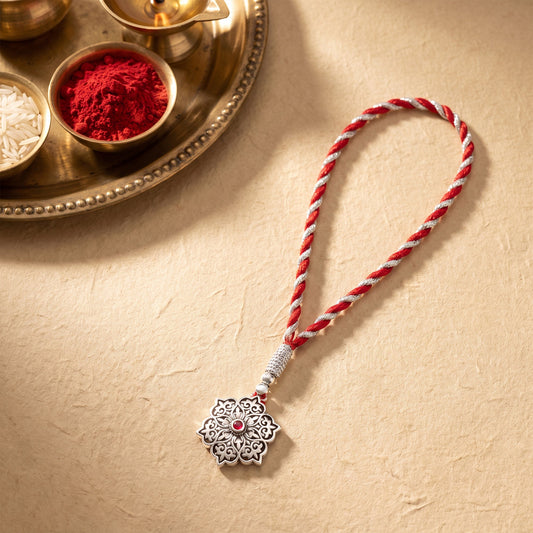 Oxidised Silver Pink Pop Flower Lumba Rakhi