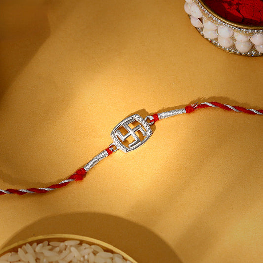 Silver Swastik In Square Rakhi