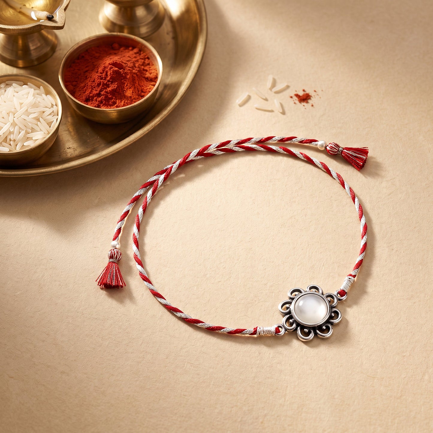 Oxidised Silver Pearl Flower Rakhi