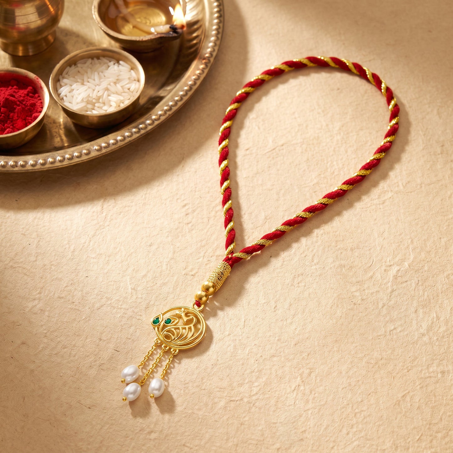 Golden Dangling Pearls Peacock Lumba Rakhi