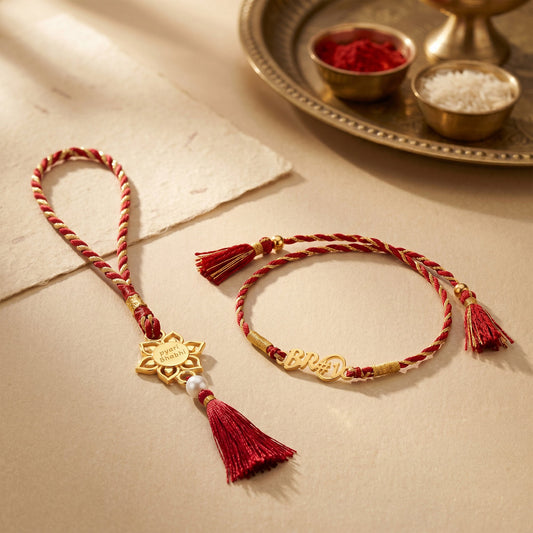 Golden Nairik Bhaiya Bhabhi Rakhi Combo (Set of 2)