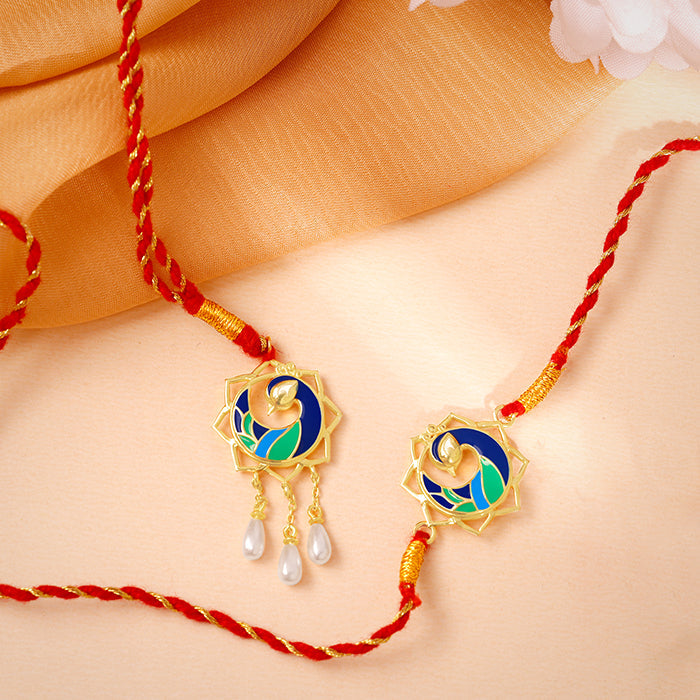 Golden Mor Bhaiya Bhabhi Rakhi Combo (Set of 2)